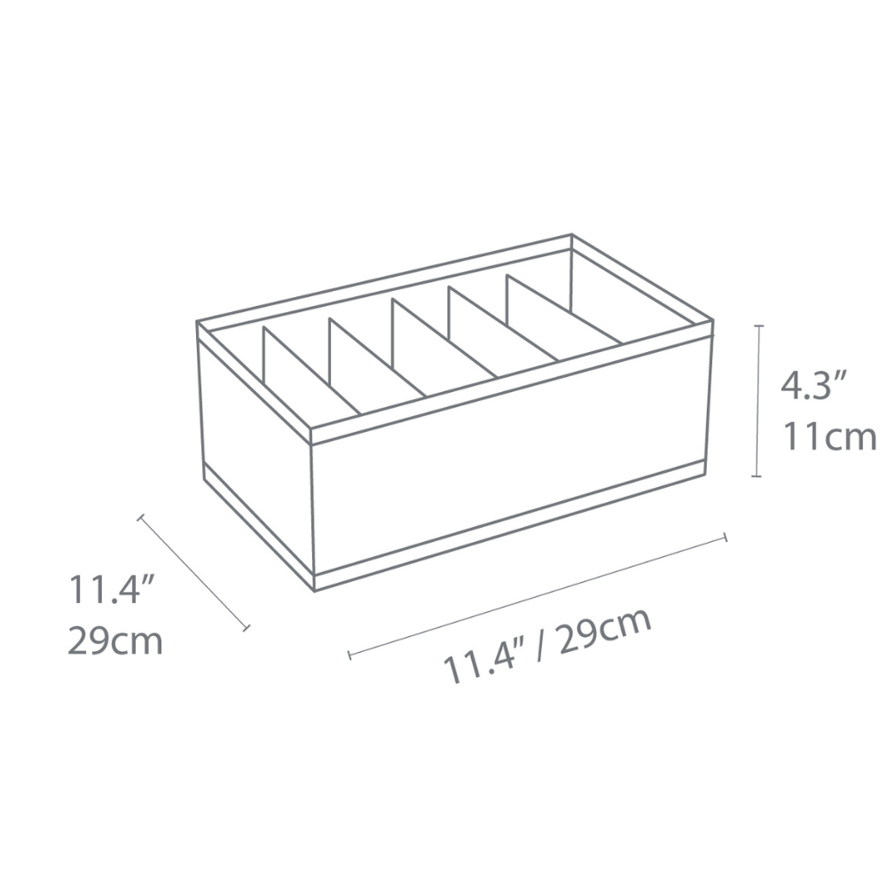 Strichzeichnung des Bigso SOFT Organizer Grau – 6 Fächer schmal. Diese rechteckige Box mit sechs schmalen Fächern misst 11,4" x 11,4" x 4,3" und bietet vielseitige Aufbewahrungsmöglichkeiten.