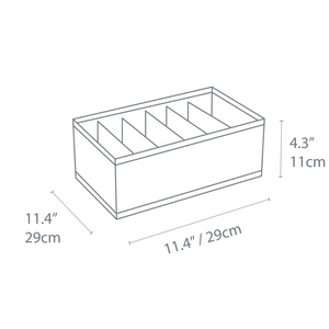 Strichzeichnung des Bigso SOFT Organizer Grau – 6 Fächer schmal. Diese rechteckige Box mit sechs schmalen Fächern misst 11,4" x 11,4" x 4,3" und bietet vielseitige Aufbewahrungsmöglichkeiten.