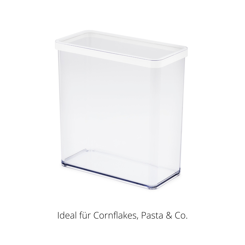 Plastic container with white lid, standing upright. Text: "Ideal for cornflakes, pasta, etc."